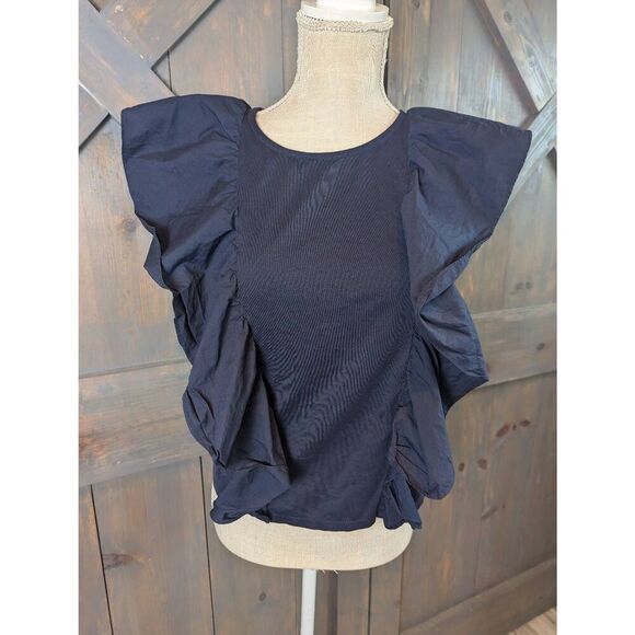 J. Crew Blouse Top Women's Small Navy Cotton Flutter Ruffle Sleeve Keyhole Back - Picture 1 of 10